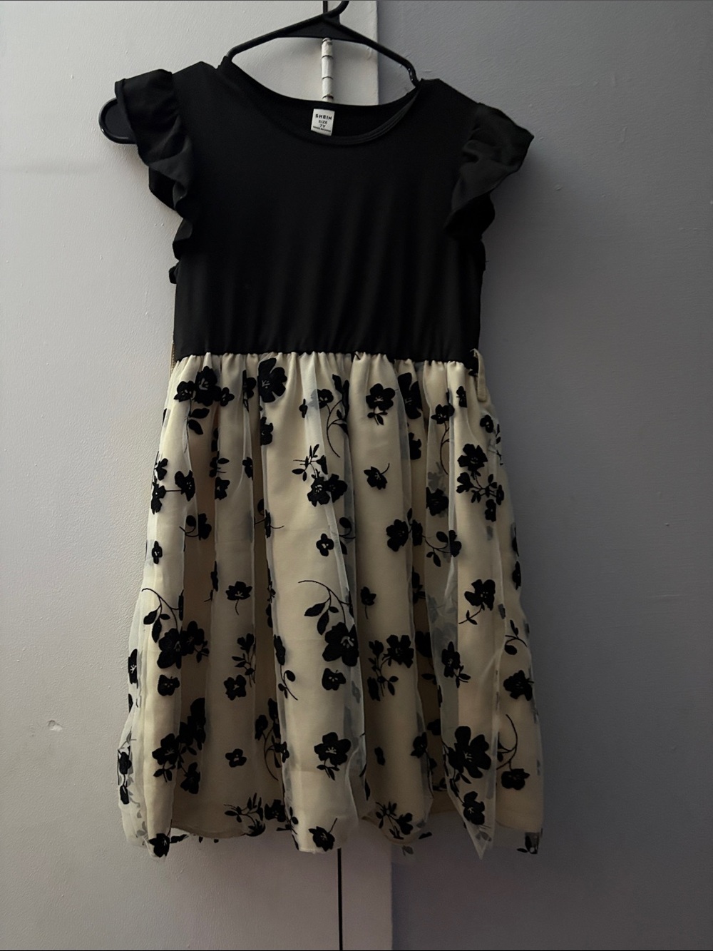 Girls Black & Cream Floral Skater Dress
